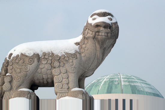 전국적으로 많은 눈이 내린 18일 오후 국회 앞 해태상이 마치 눈가면을 쓴 듯 익살스러운 모습이다. /연합뉴스