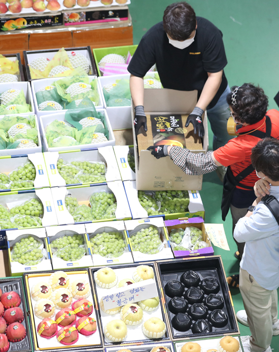 20일 부산 해운대구 반여농산물도매시장에서 마스크를 착용한 시민이 추석을 앞두고 과일을 고르고 있다. /연합뉴스