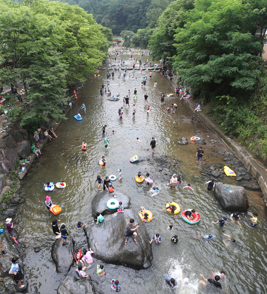 1일 오전 연일 계속되는 폭염에 계곡을 찾은 시민들이 물놀이를 즐기고 있다. /연합뉴스