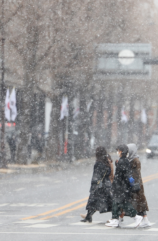 눈이 내린 17일 오후 시민들이 횡단보도를 지나고 있다. /연합뉴스