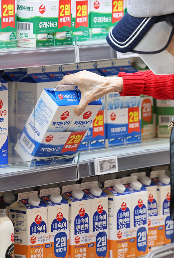 5일 통계청 자료에 따르면 지난달 우유의 소비자물가지수는 122.03으로 지난해 같은 달보다 14.3% 상승했다. 이는 글로벌 금융위기 여파가 있던 2009년 8월(20.8%) 이후 14년 2개월 만의 최고치다. 사진은 이날 서울 한 대형마트에 진열된 우유. /연합뉴스