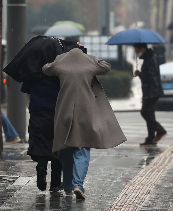 절기상 대설을 하루 앞두고 전국 곳곳에 비가 내린 6일 오후 인도에서 우산을 미처 준비하지 못한 시민들이 외투로 비를 가리며 길을 지나고 있다. /연합뉴스