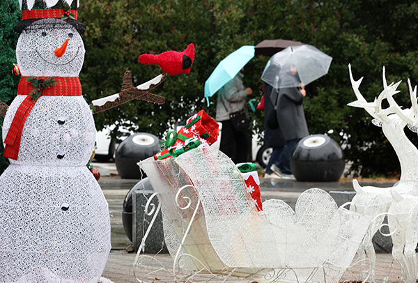 14일 오후 도심에서 시민들이 내리는 겨울비에 우산을 쓰고 걷고 있다. /연합뉴스